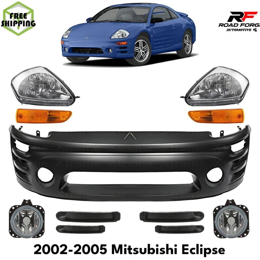 Front Bumper Cover Primed Plastic & Headlights Kit For 02-05 Mitsubishi Eclipse