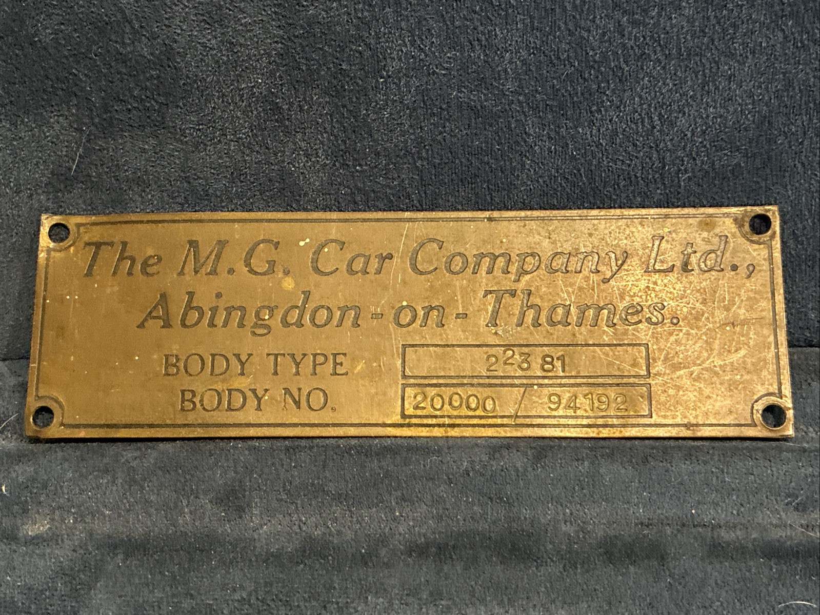 Vintage 50s The MG Car Company Ltd Abingdon on Thames Brass Body ID Plate 22381 Vintage 50s The MG Car Company Ltd Abingdon on Thames Brass Body ID Plate 22381