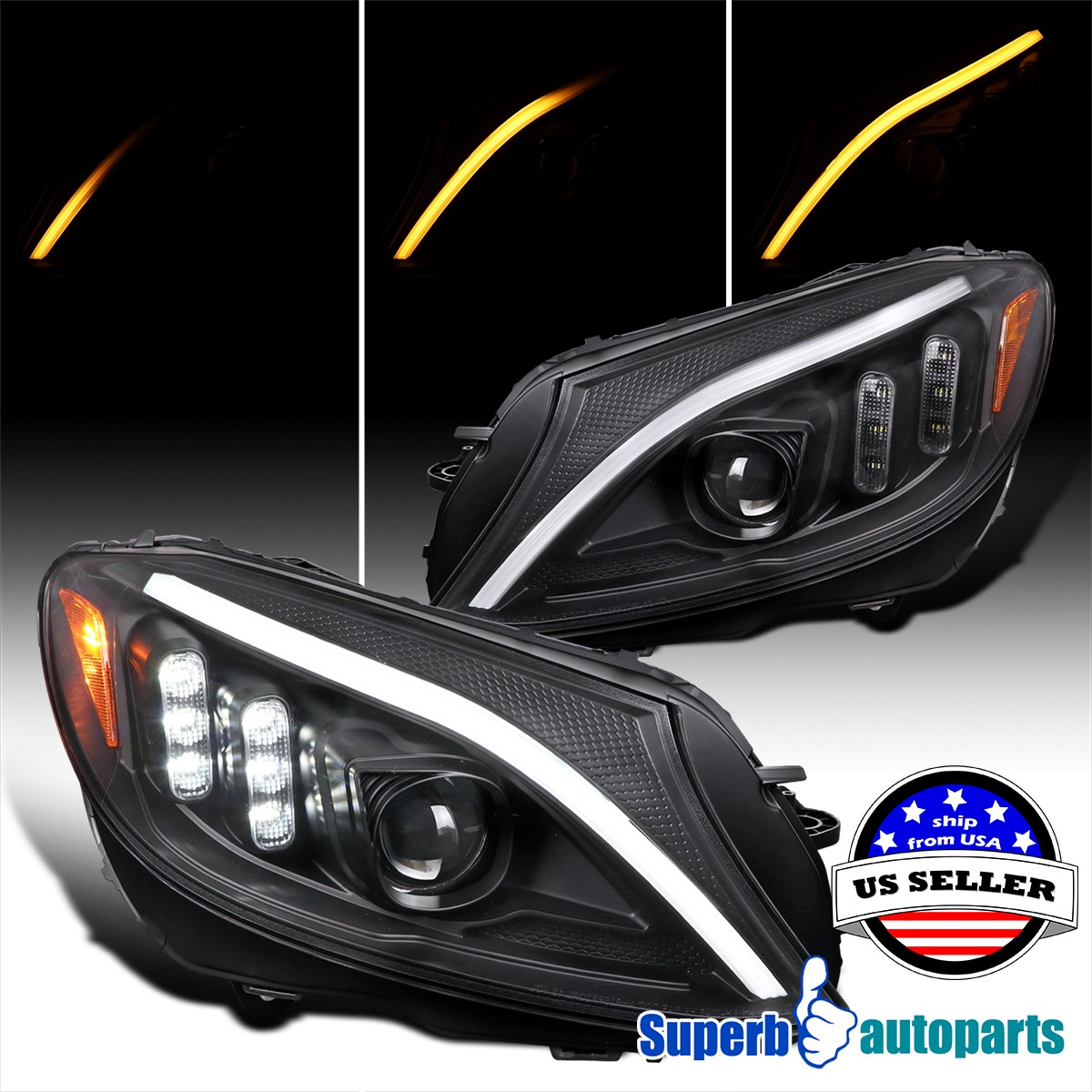 Fits 2015-2018 Benz W205 C Class Projector Sequential Signal Headlights Black Fits 2015-2018 Benz W205 C Class Projector Sequential Signal Headlights Black