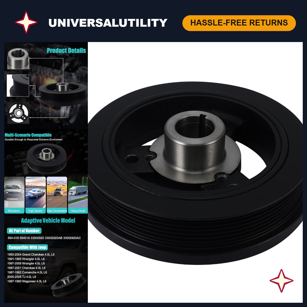 Harmonic Balancer Crankshaft Pulley 4.0L L6 Engine Replacement Part, Durable
