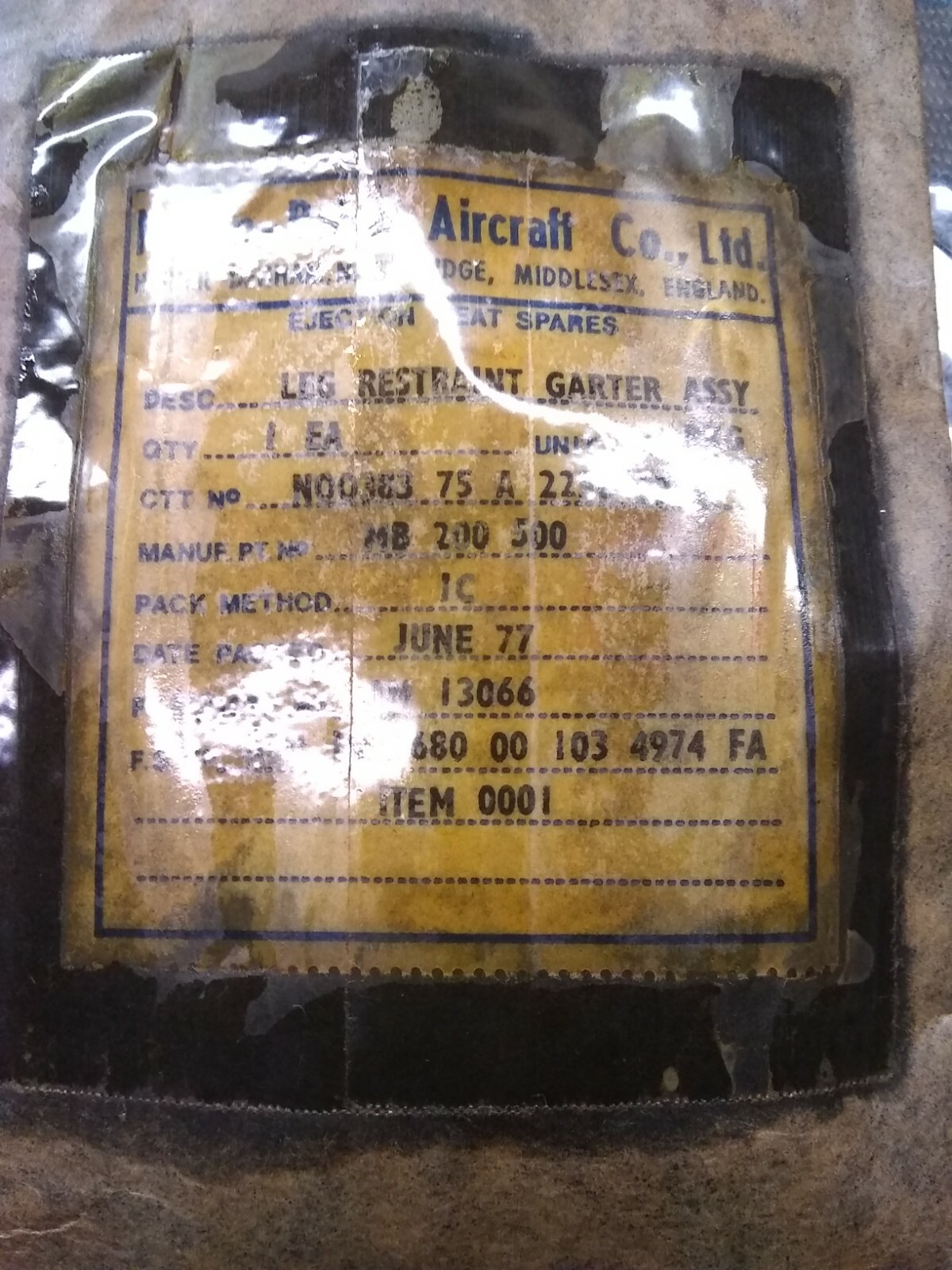 MARTIN-BAKER MB200-500 EJECTION SEAT GARTER 1680-00-103-4974 *NS* MARTIN-BAKER MB200-500 EJECTION SEAT GARTER 1680-00-103-4974 *NS*