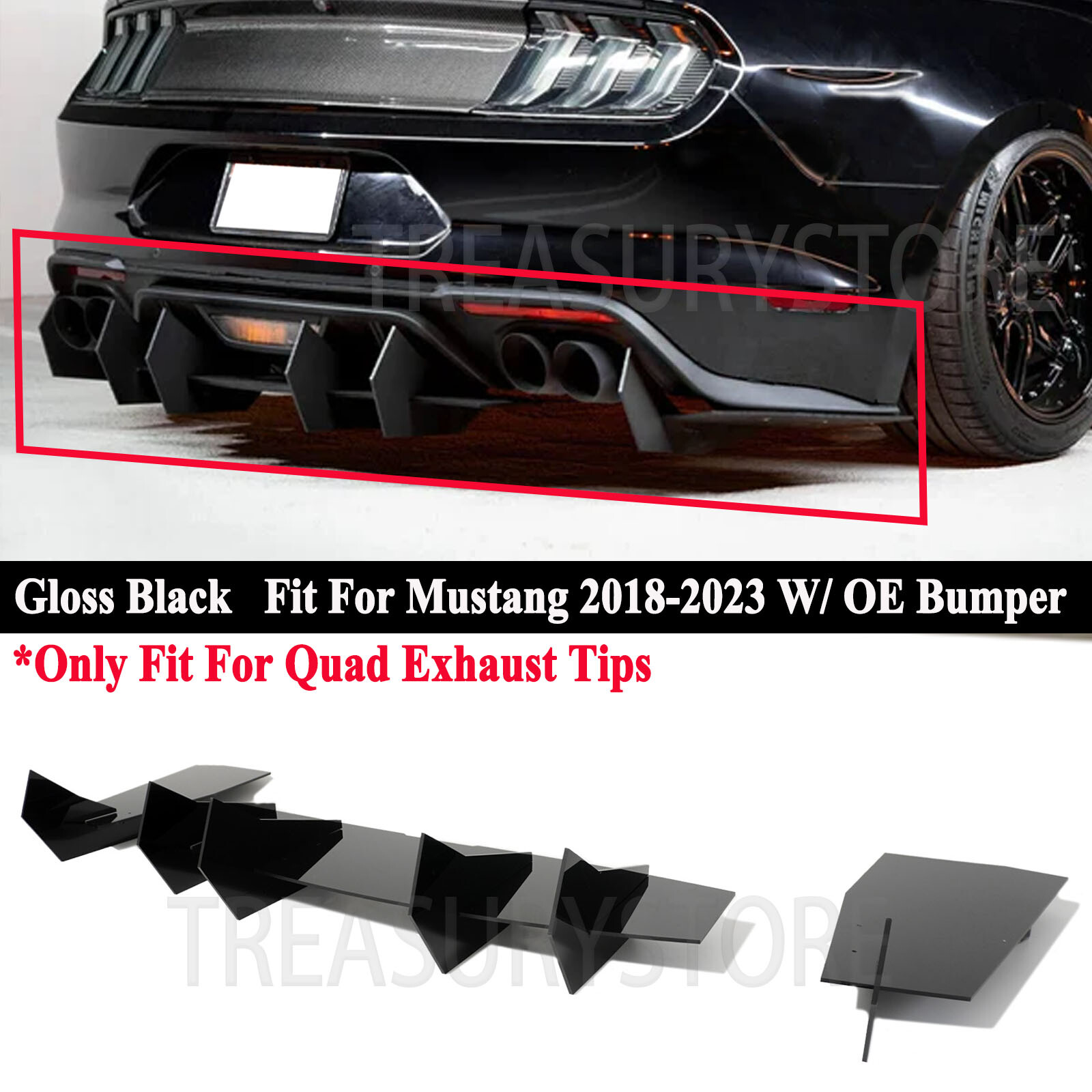 For Ford Mustang GT EcoBoost 2018-2023 Shark Fin Rear Bumper Diffuser Kit Glossy For Ford Mustang GT EcoBoost 2018-2023 Shark Fin Rear Bumper Diffuser Kit Glossy