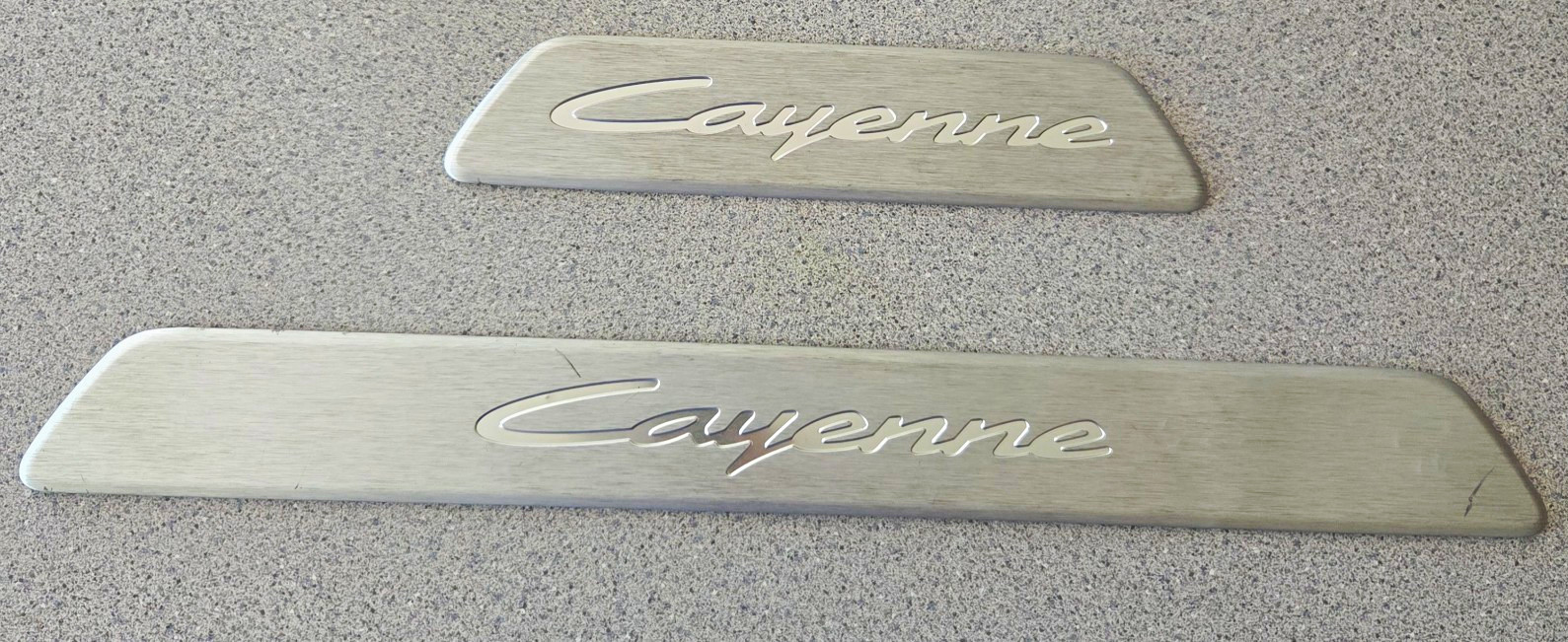 Porsche Cayenne Door Sill Trim Strips Brushed Almuminum OEM Pair Set Porsche Cayenne Door Sill Trim Strips Brushed Almuminum OEM Pair Set