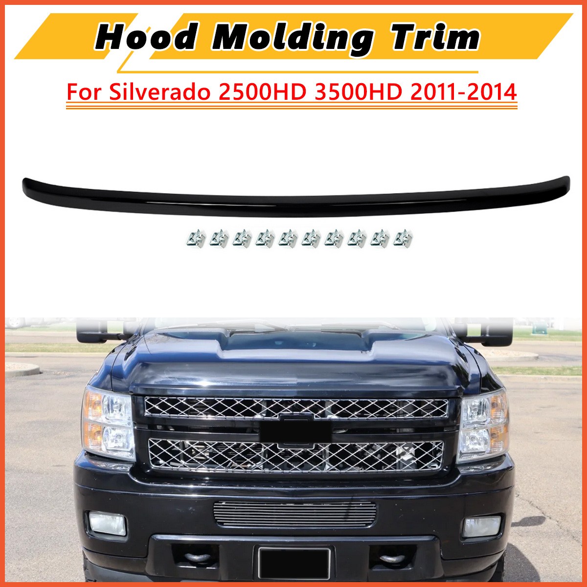 Gloss Black Hood Molding Trim Replace For 2011-2014 Chevy Silverado 2500 3500 HD