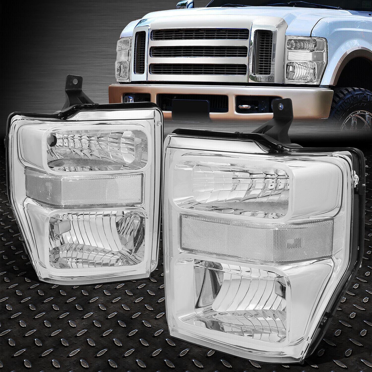 FOR 08-10 FORD F250 F350 SUPER DUTY CHROME HOUSING CLEAR CORNER HEADLIGHT LAMPS