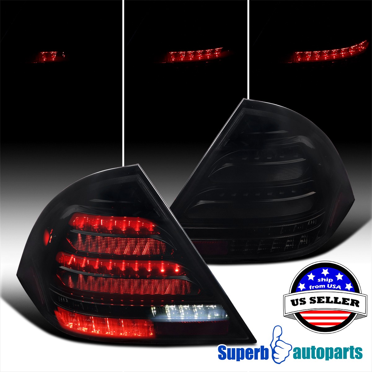 Fits 2001-2004 Mercedes-Benz W203 C-Class Black Smoke Tail Lights LED Sequential Fits 2001-2004 Mercedes-Benz W203 C-Class Black Smoke Tail Lights LED Sequential
