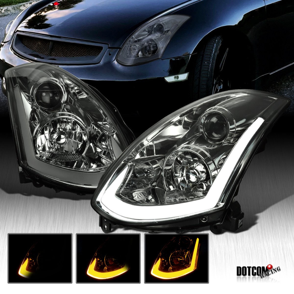 Fit 2003-2007 Infiniti G35 Coupe Smoke HID Projector Headlights LED Sequential Fit 2003-2007 Infiniti G35 Coupe Smoke HID Projector Headlights LED Sequential