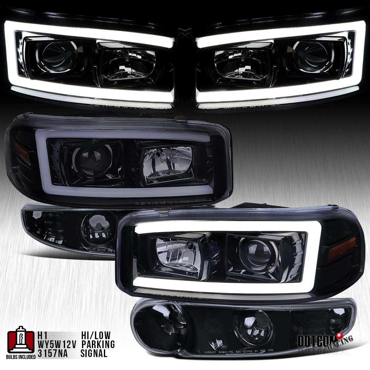 Black Smoke Fit 2000-2006 GMC Yukon LED Tube Projector Headlights+Bumper Lamps
