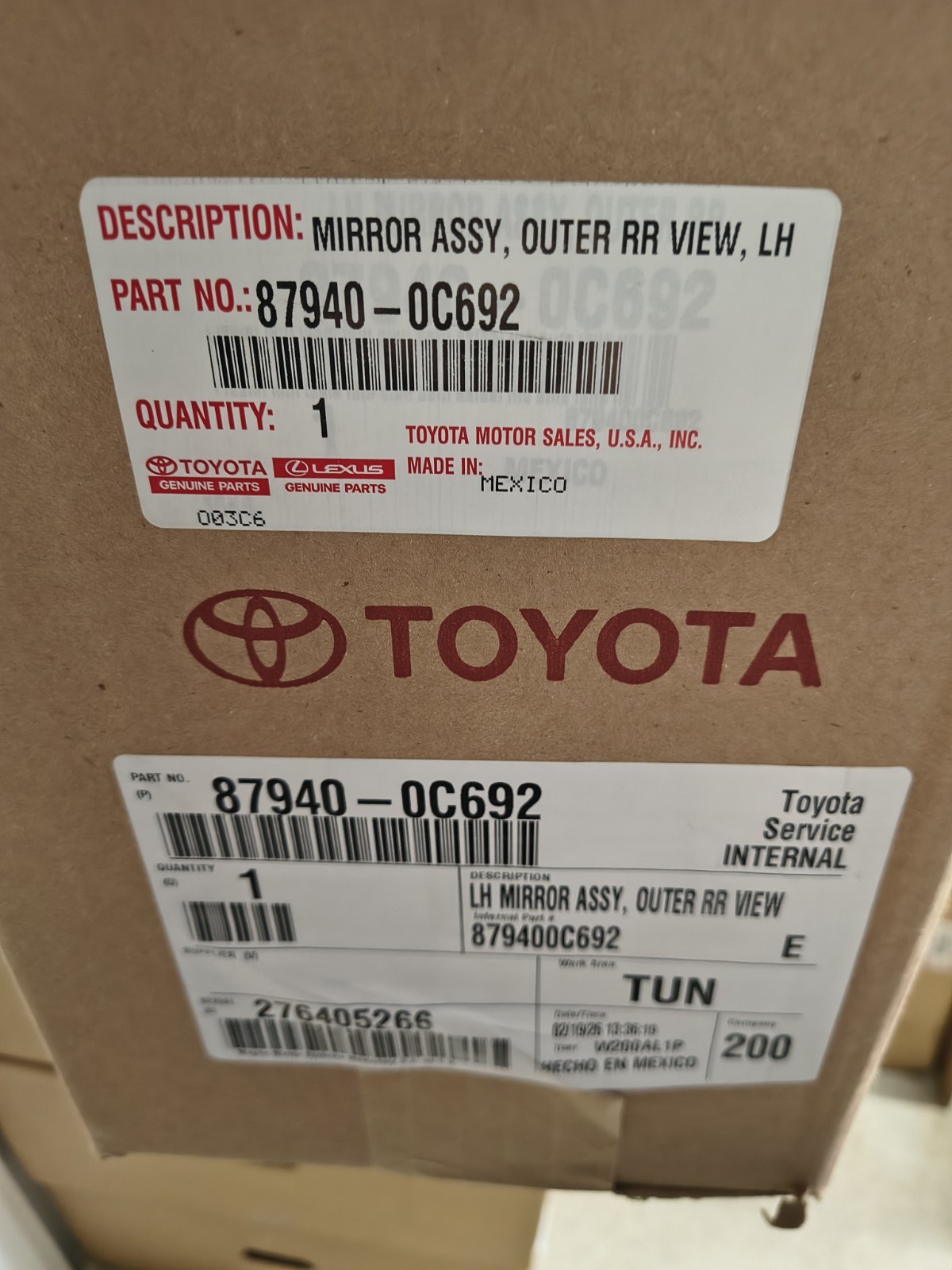 87940-0C692 OEM *Brand New* 22-26 Tundra/23-25 Sequoia Left Mirror (Driver) 87940-0C692 OEM *Brand New* 22-26 Tundra/23-25 Sequoia Left Mirror (Driver)