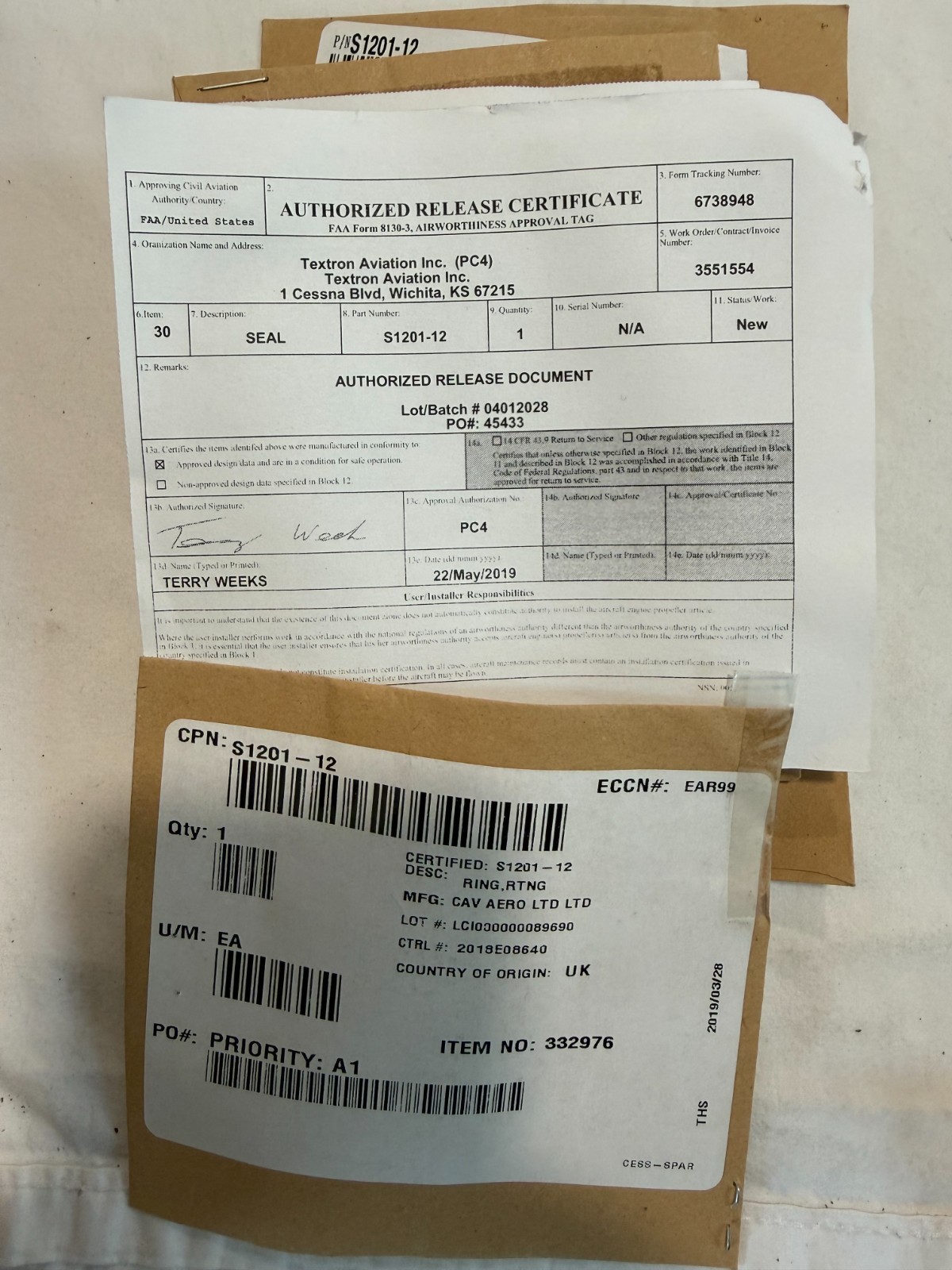 New seal with 8130 P/N S1201-12 sold each New seal with 8130 P/N S1201-12 sold each