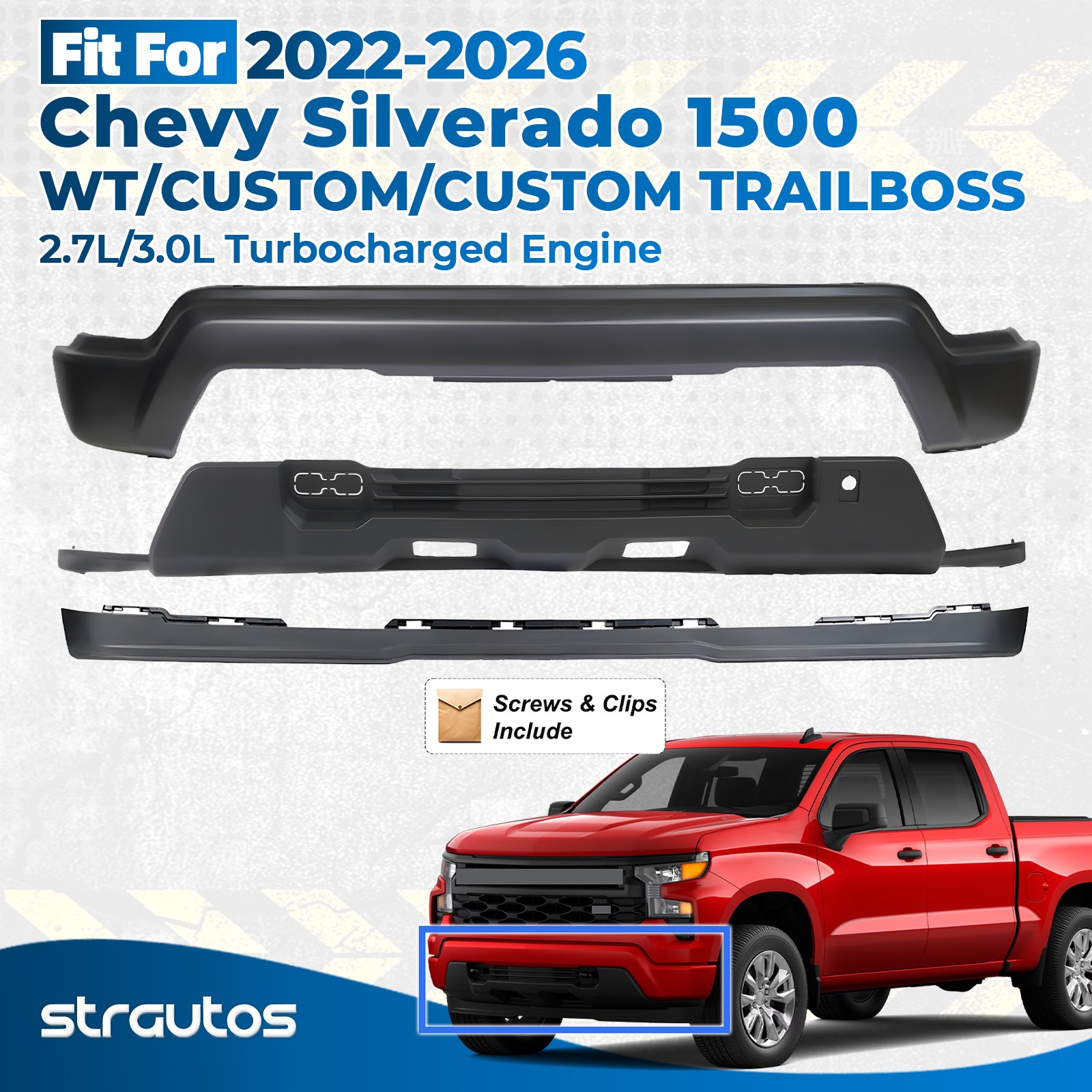 Front Bumper Cover Kit For 2022-2026 Chevy Silverado 1500 w/o Sensor Hole w/Vent Front Bumper Cover Kit For 2022-2026 Chevy Silverado 1500 w/o Sensor Hole w/Vent
