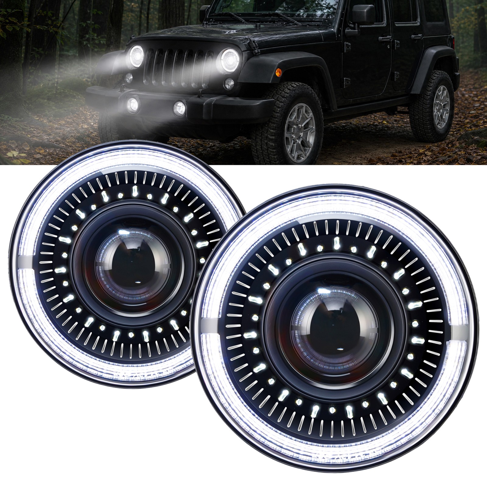 7\'\' LED Headlights for 1997-2018 Jeep Wrangler JK w Startup Animation Halo Black 7\'\' LED Headlights for 1997-2018 Jeep Wrangler JK w Startup Animation Halo Black