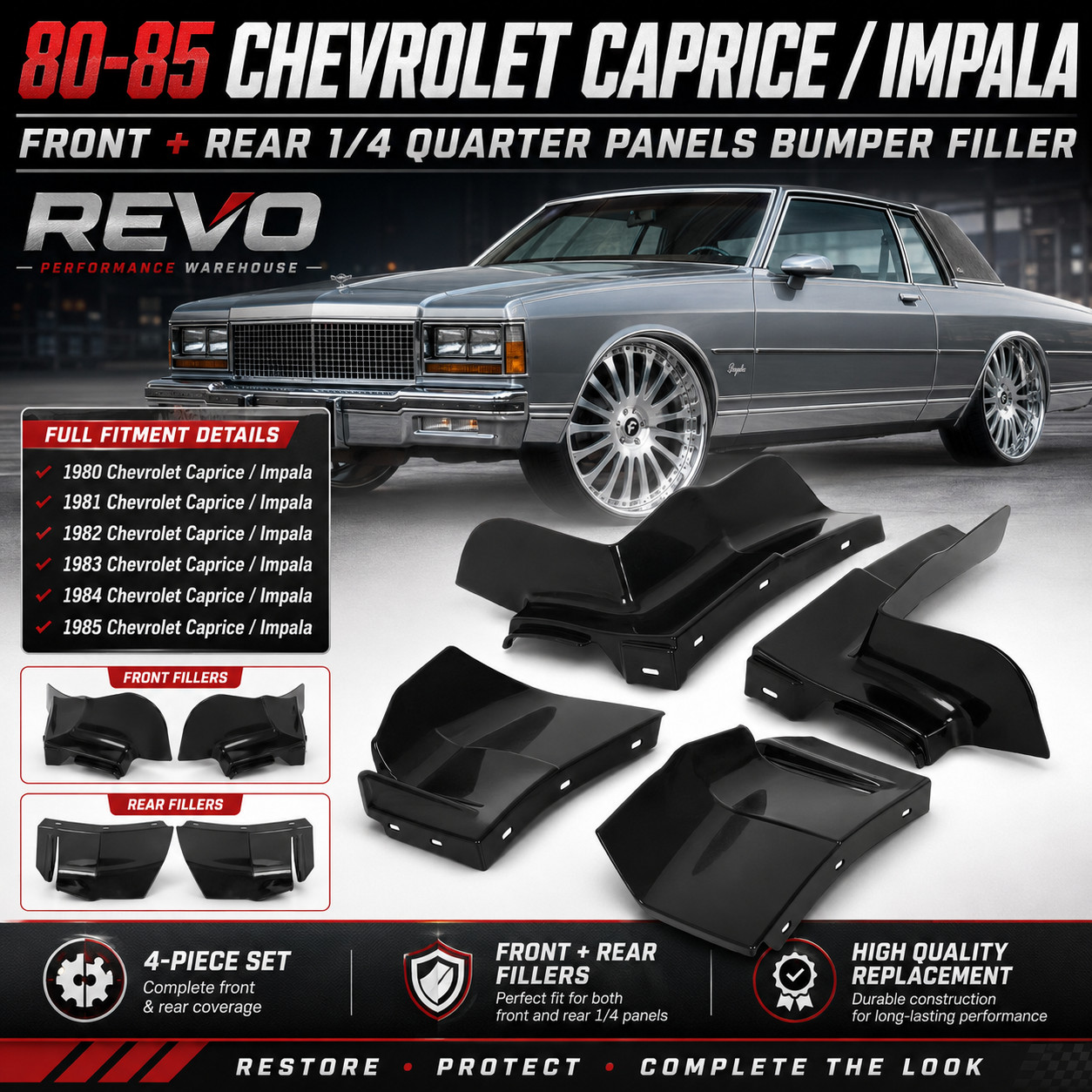 ✅ 80-85 Chevrolet Caprice/Impala Front + Rear 1/4 Quarter Panels Bumper Filler