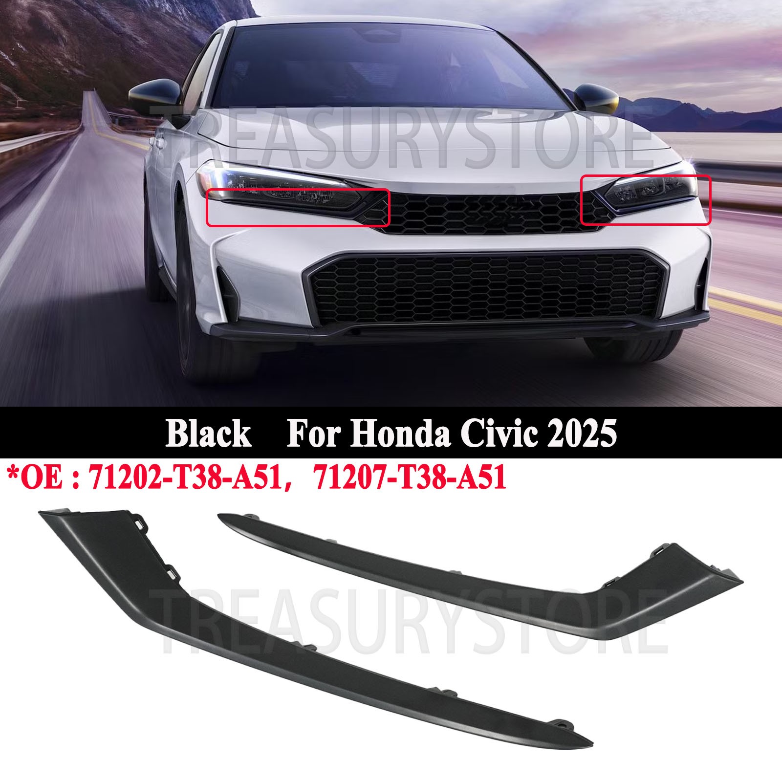 For Honda Civic 2025 Front Bumper Grille Trim Molding Kit Left & Right 2Pcs For Honda Civic 2025 Front Bumper Grille Trim Molding Kit Left & Right 2Pcs