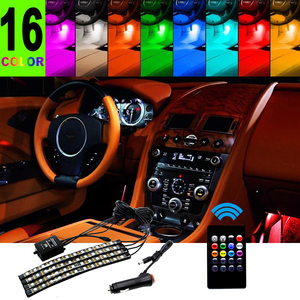 4PCS Car Interior IR Wireless Remote Control 12LED Atmosphere Neon Lights Strip