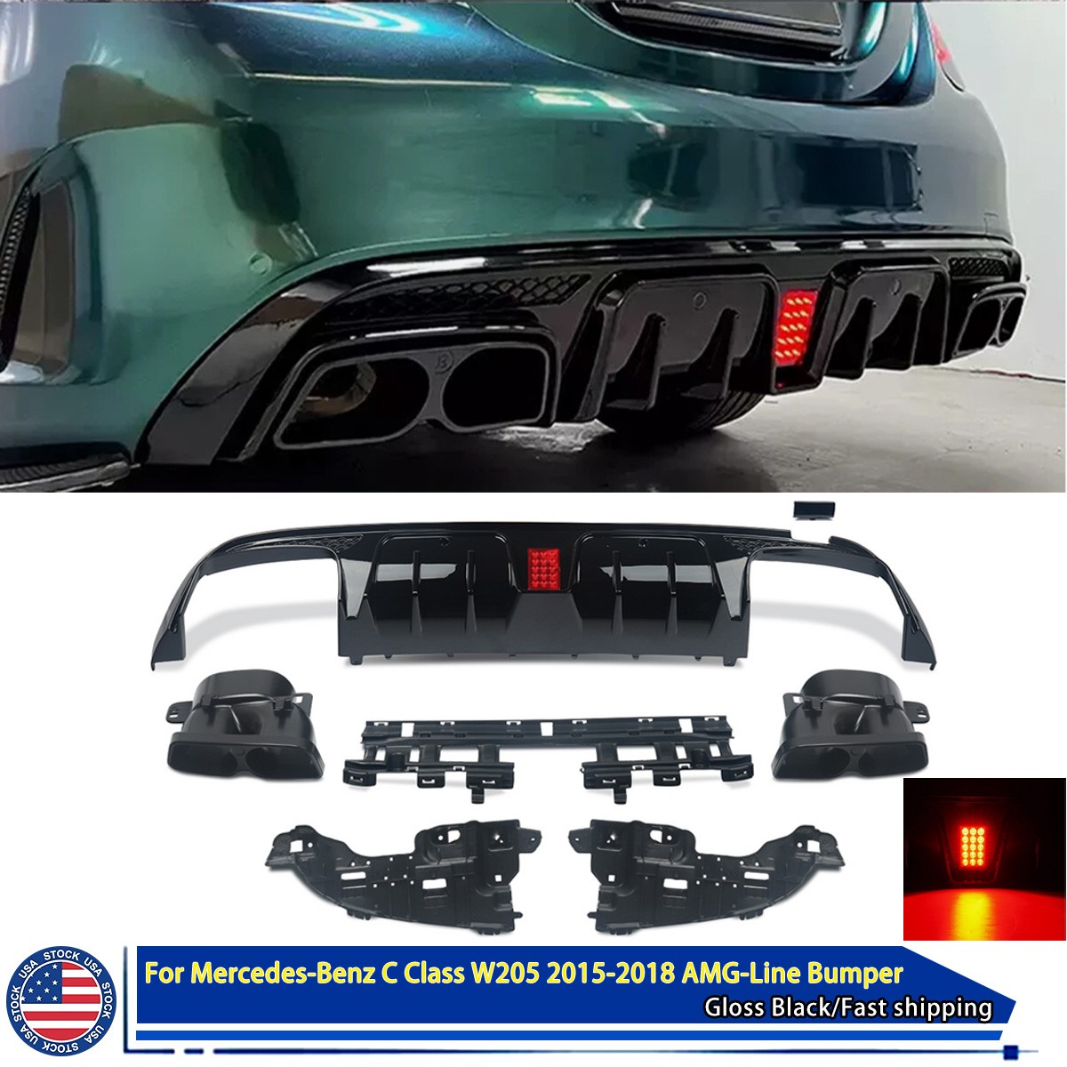 For 15-21 Benz W205 C63 C43 Sedan B Style LED Rear Bumper Diffuser+Exhaust Tips For 15-21 Benz W205 C63 C43 Sedan B Style LED Rear Bumper Diffuser+Exhaust Tips