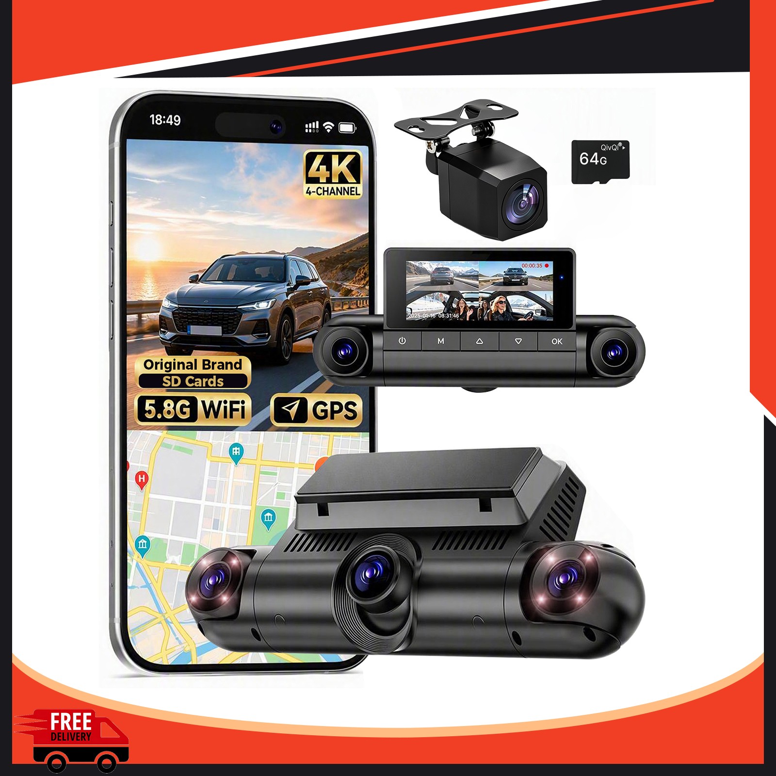 4K 360°4-Channel Dash Cam Front Rear LH+RH GPS 64GB 5.8G Wi-Fi App Night Vision