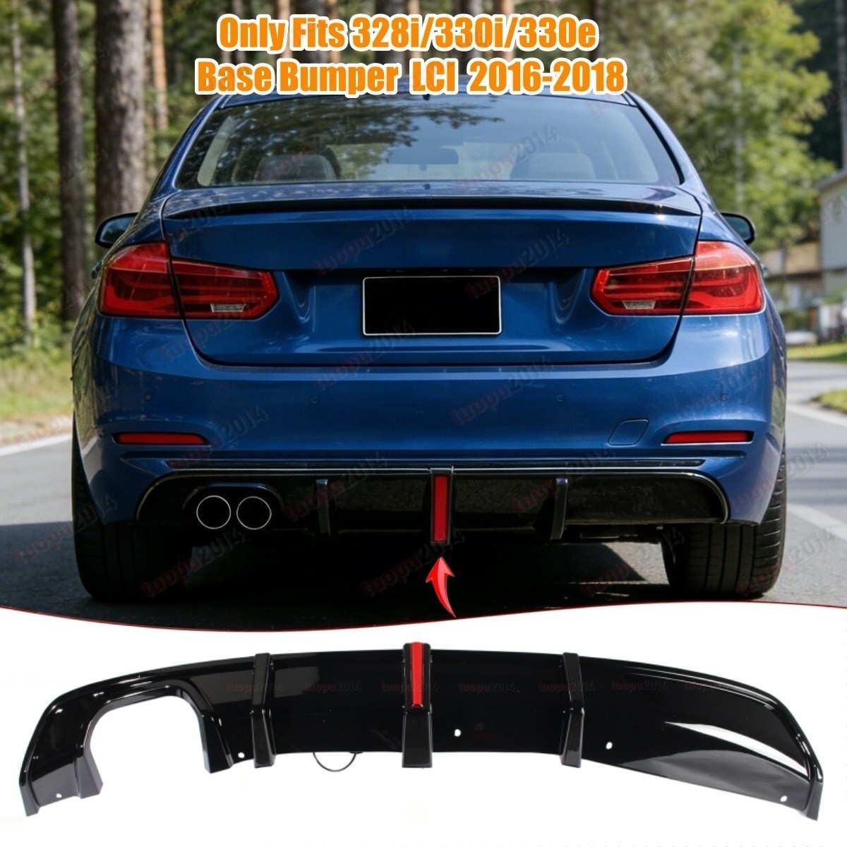 Fit For BMW F30 F31 LCI 328i 330i (Base) Rear Diffuser Gloss Black w/LED 2016-18