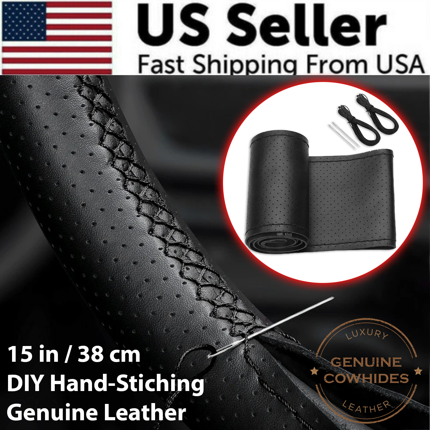 Genuine Leather DIY Car Steering Wheel Cover Anti-slip For 15