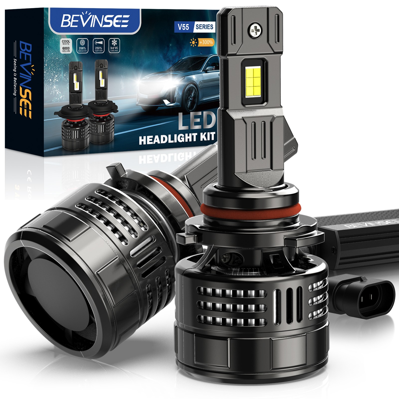 BEVINSEE V55 9005 HB3 LED Headlight Bulbs Lights Canbus Error Free High Low Beam