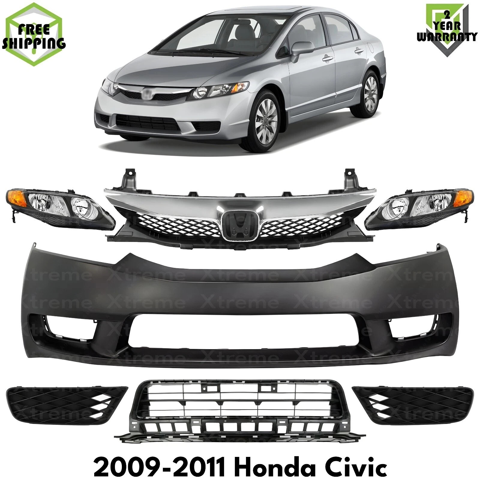 Front Bumper Paintable Plastic & Headlights Kit For 2009-2011 Honda Civic Sedan