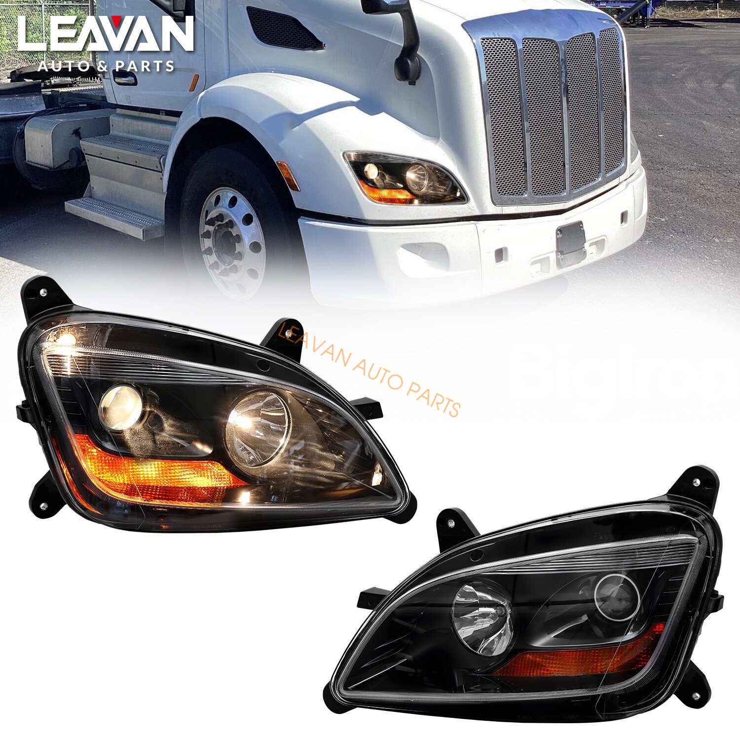For 2011-2021 Peterbilt 579 587 Halogen Type Projector Headlight Black Pair/Set