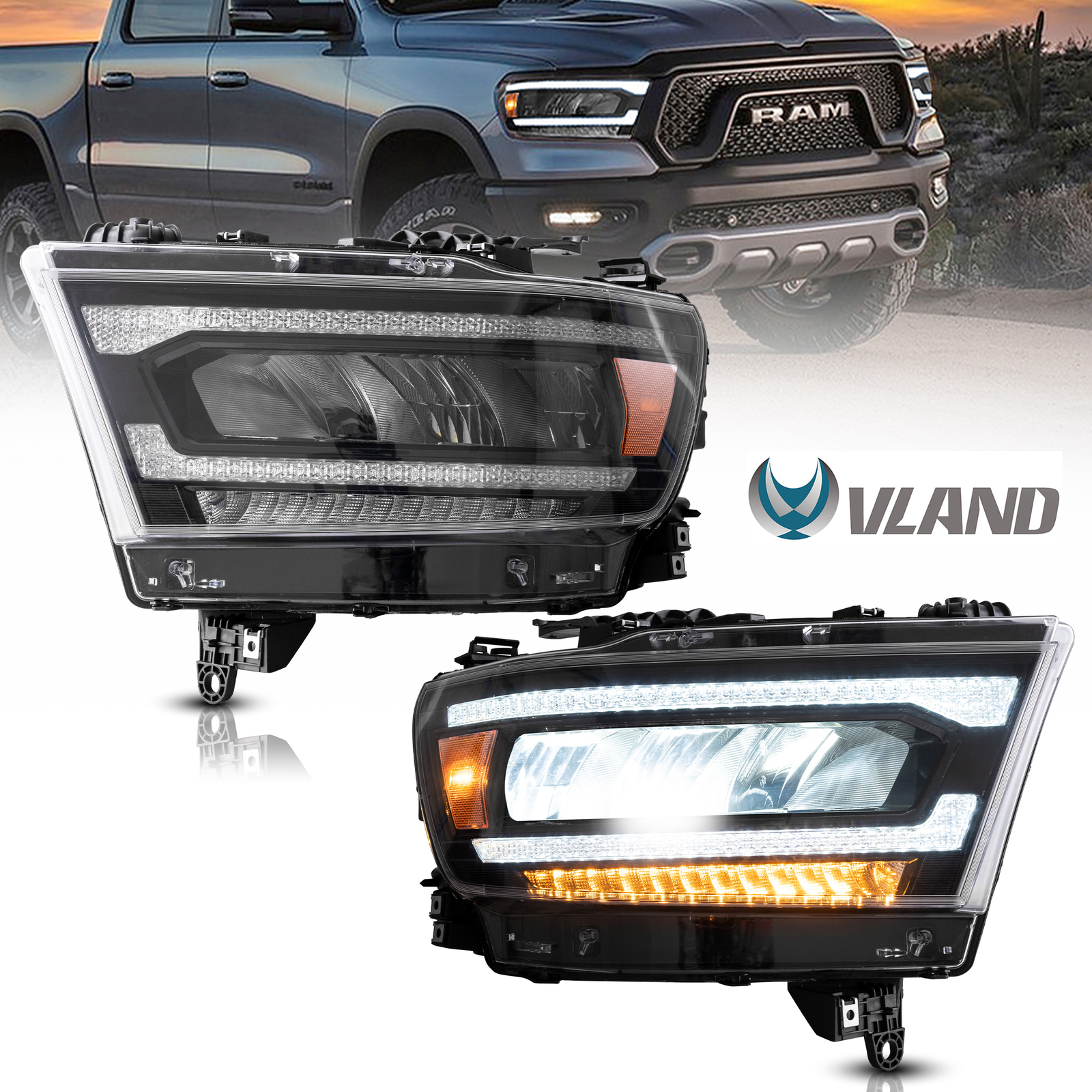 Full LED Headlights For 2019-2023 2021 Dodge Ram 1500 Sequential Indicator set