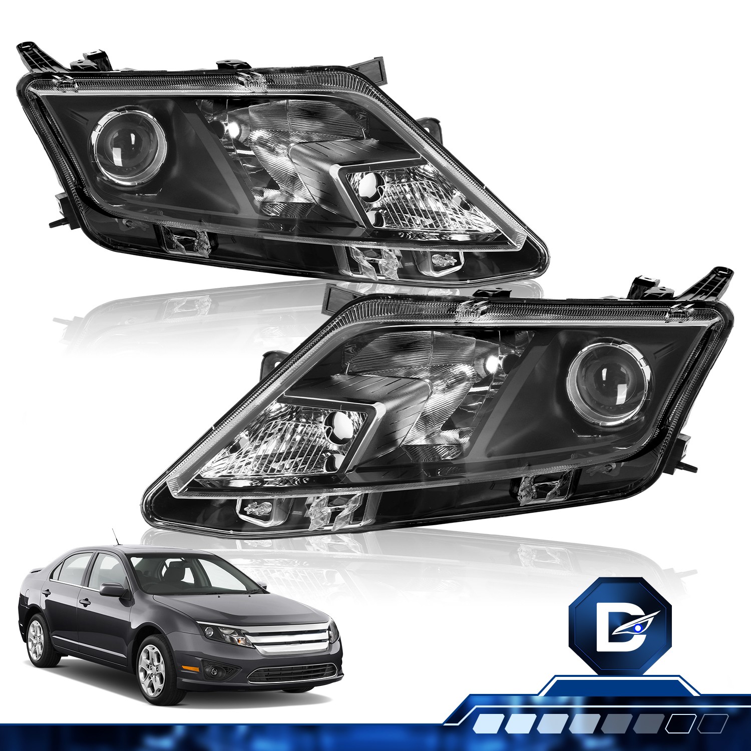 For 2010-2012 Ford Fusion Clear Lens Black Halogen Headlight Assembly L+R Pair