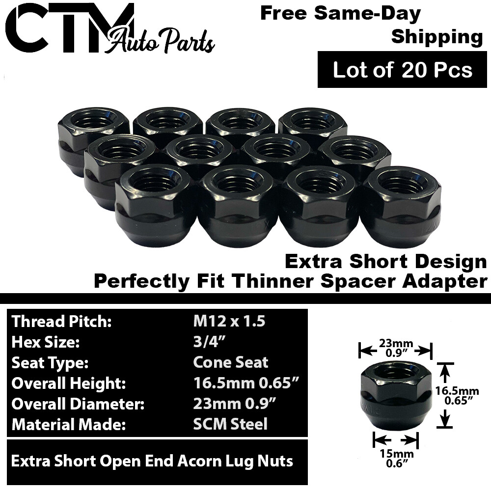 20x Black 12x1.5 Extra Short Open End Lug Nuts Fit Oldsmobile Saturn Mercury