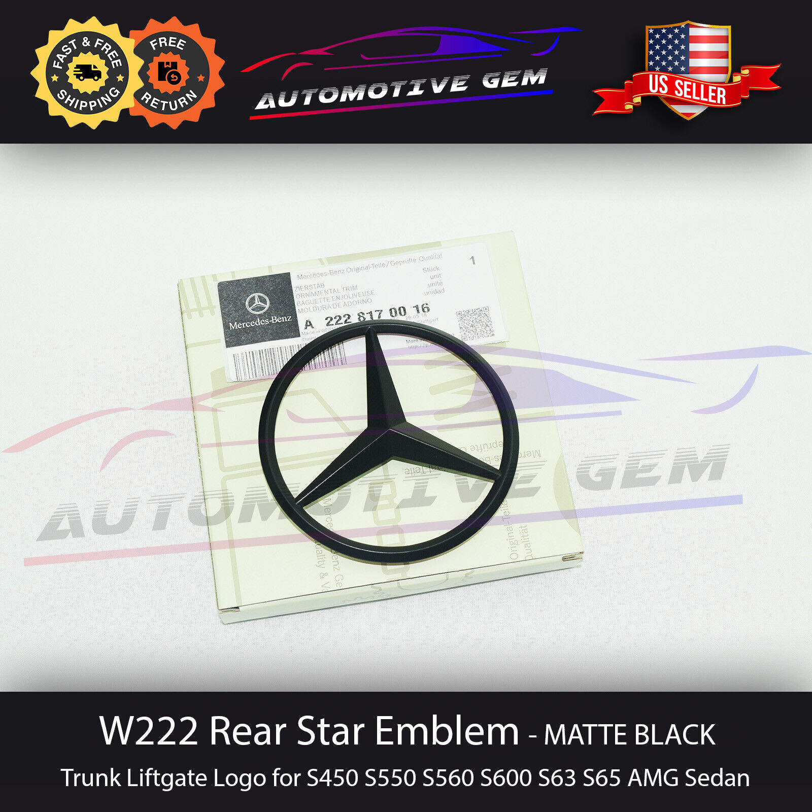 W222 SEDAN Mercedes MATTE BLACK Star Emblem Rear Trunk Lid Logo Badge AMG S550