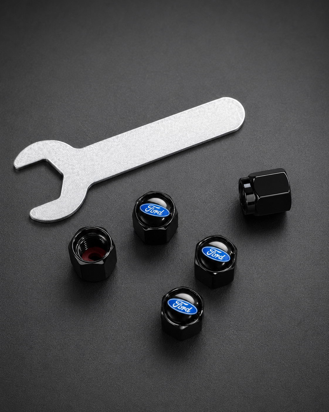 5PCS Black Aluminum Tire Valve Stem Caps For Ford Wheel Dust Cover + Wrench 5PCS Black Aluminum Tire Valve Stem Caps For Ford Wheel Dust Cover + Wrench