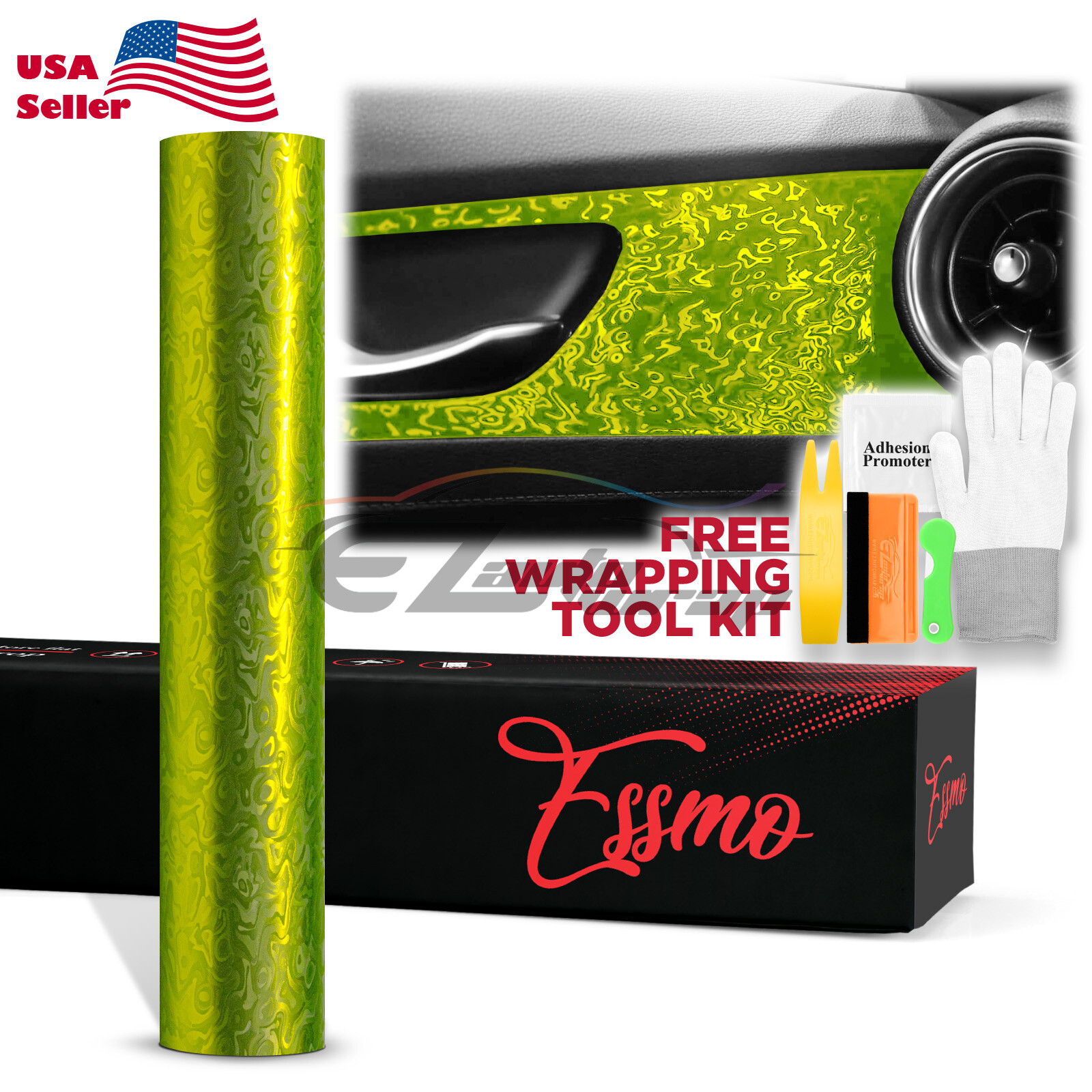PET Damascus Steel Forged Carbon Fiber Satin Lime Green Car Vinyl Decal Sticker