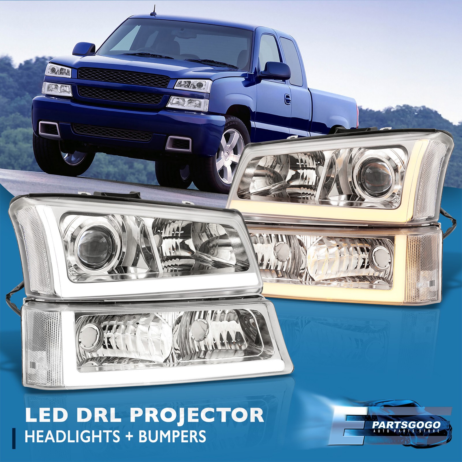 For 03-07 Chevy Silverado Clear DRL Projector Headlights +Sequential Bumper Lamp For 03-07 Chevy Silverado Clear DRL Projector Headlights +Sequential Bumper Lamp