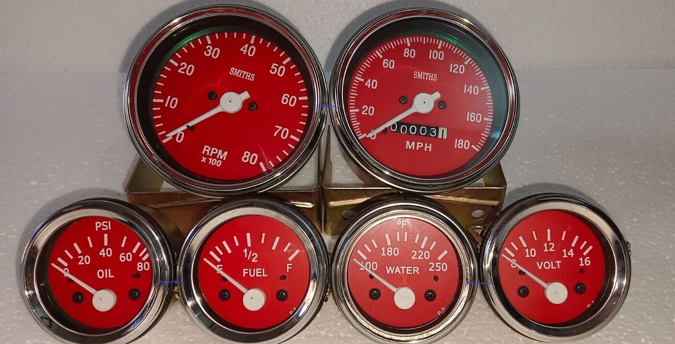 Smiths Replica Kit- Elec Temp + Oil + Fuel + Amp Gauge+Speedometer +Tacho 85 mm Smiths Replica Kit- Elec Temp + Oil + Fuel + Amp Gauge+Speedometer +Tacho 85 mm