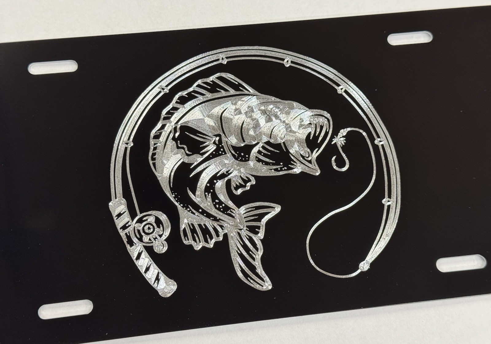 Bass Fish Fishing Pole Logo Car Tag Diamond Etched Metal License Plate Gift