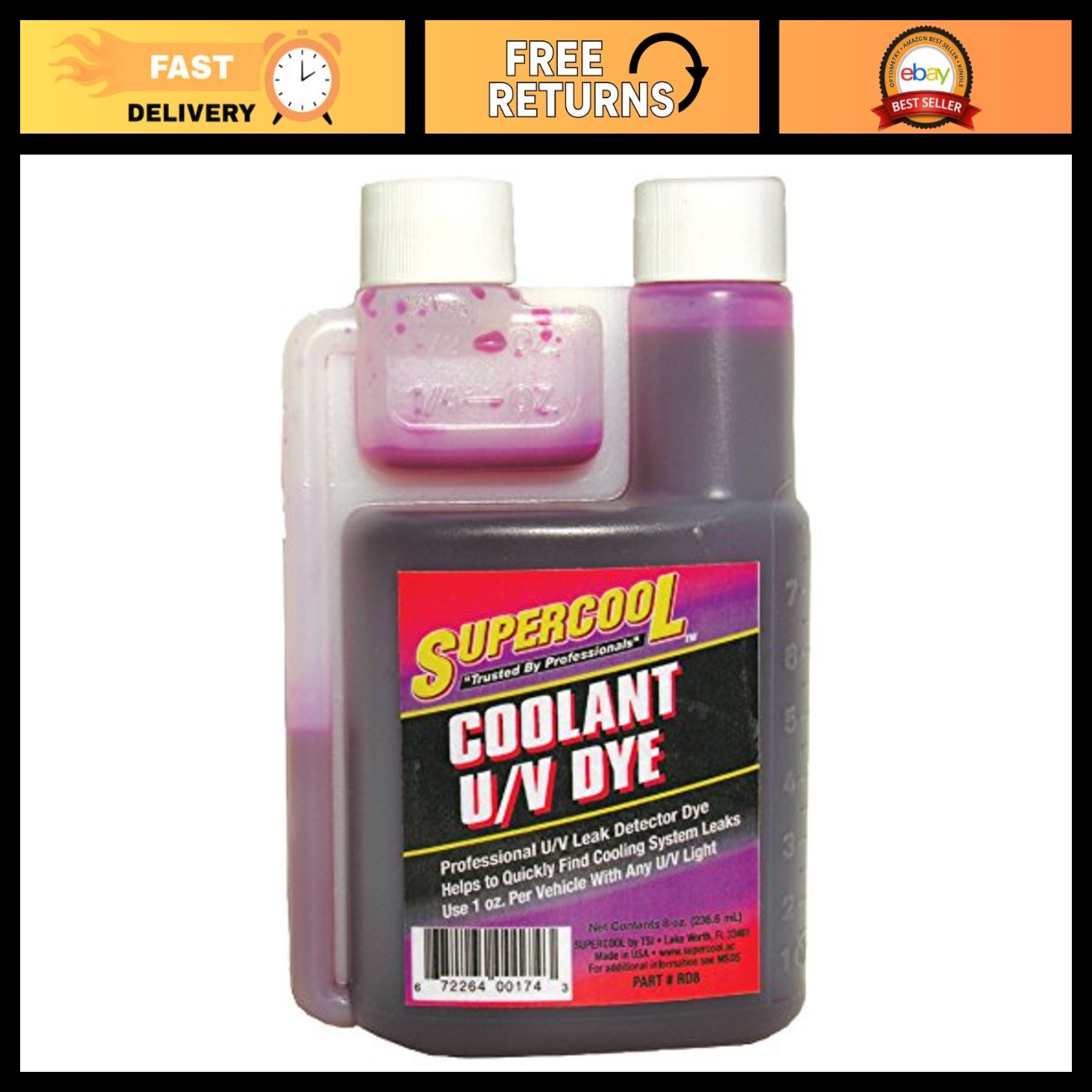 Radiator Coolant U/V Leak Detection Dye - Water-Based, Purple, 8 oz Self-Measure Radiator Coolant U/V Leak Detection Dye - Water-Based, Purple, 8 oz Self-Measure