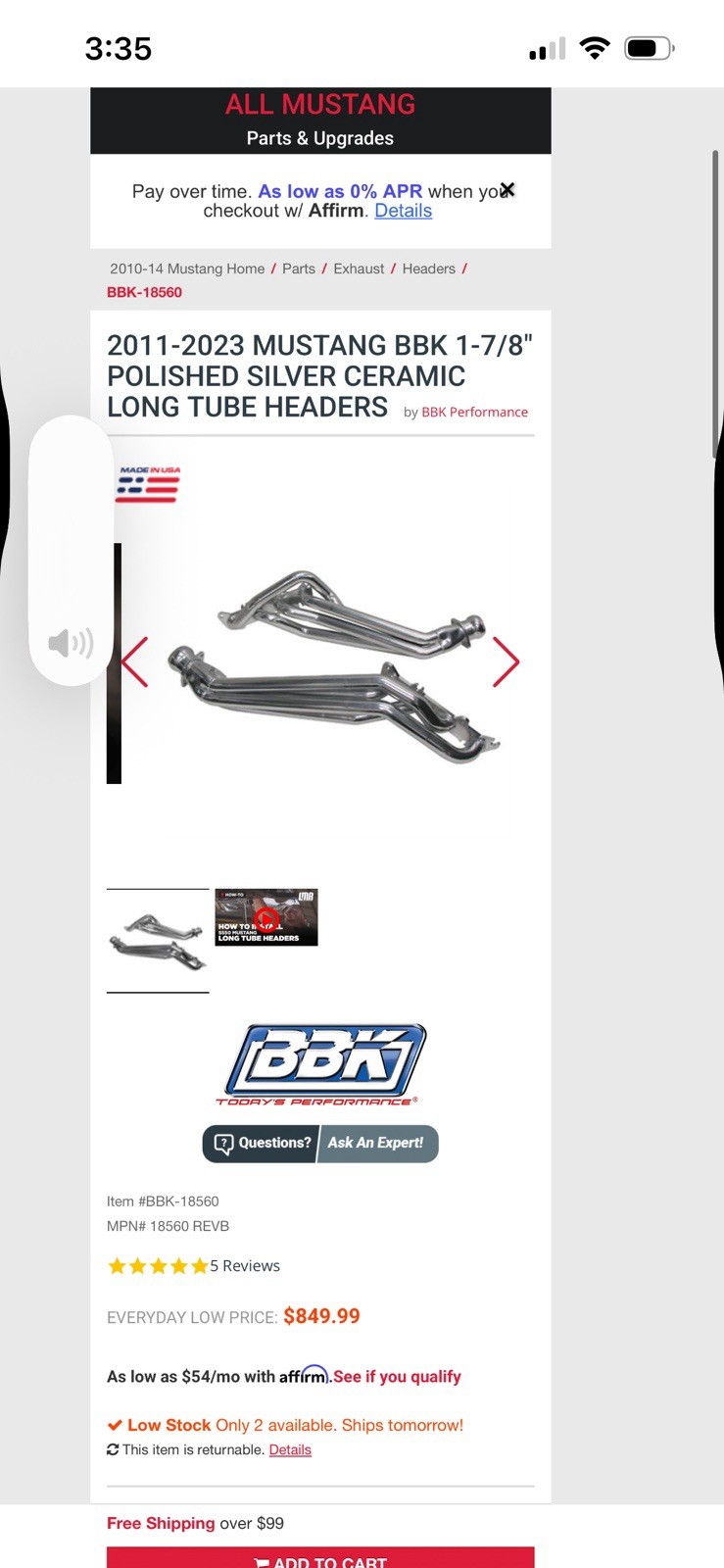 Exhaust Header-GT BBK Performance Parts 18560 fits 2011 Ford Mustang 5.0L-V8