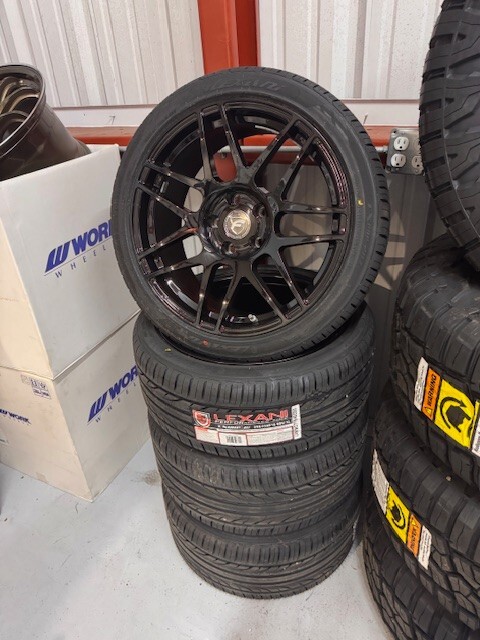 Forgestar F14 18x8.5+25 18x10+42 5x114.3 Gloss Black Rims Lexani Tires Package