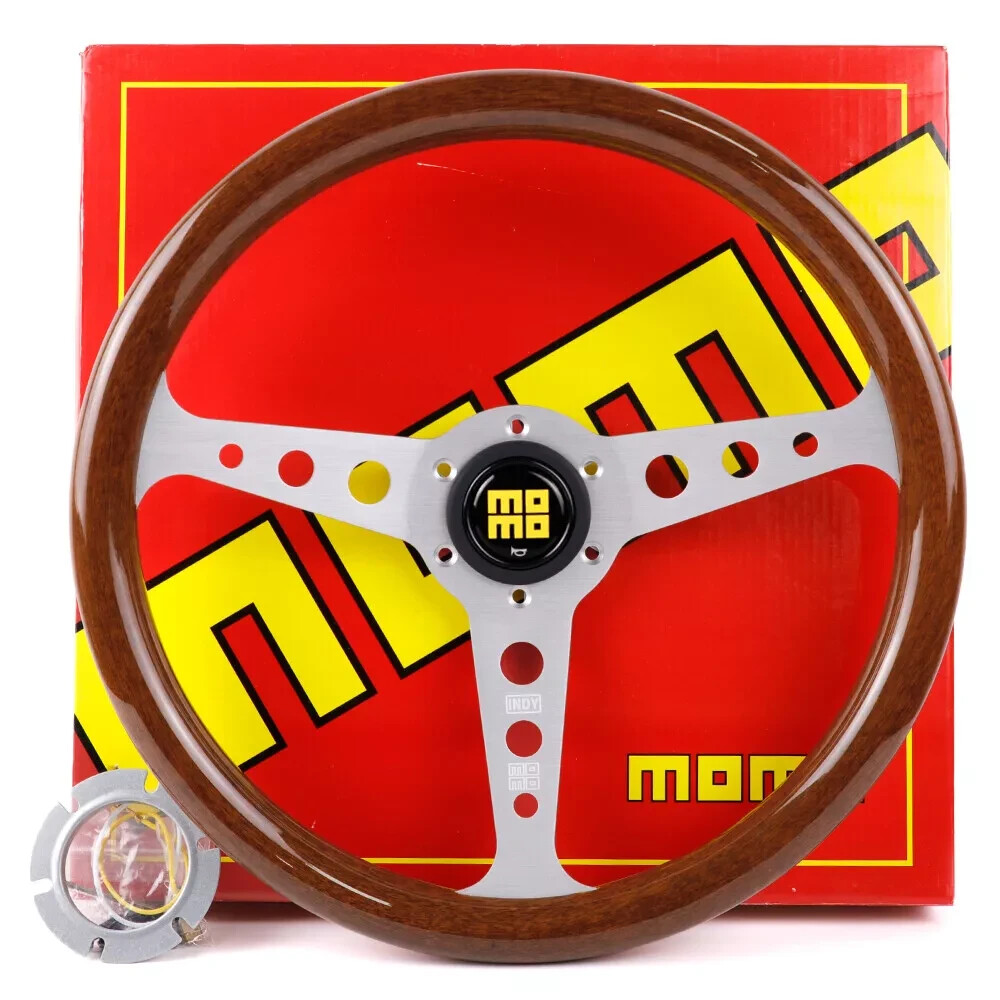 MOMO Silver Heritage Indy Woodgrain Mahogany Wood Classic Steering Wheel 350mm MOMO Silver Heritage Indy Woodgrain Mahogany Wood Classic Steering Wheel 350mm