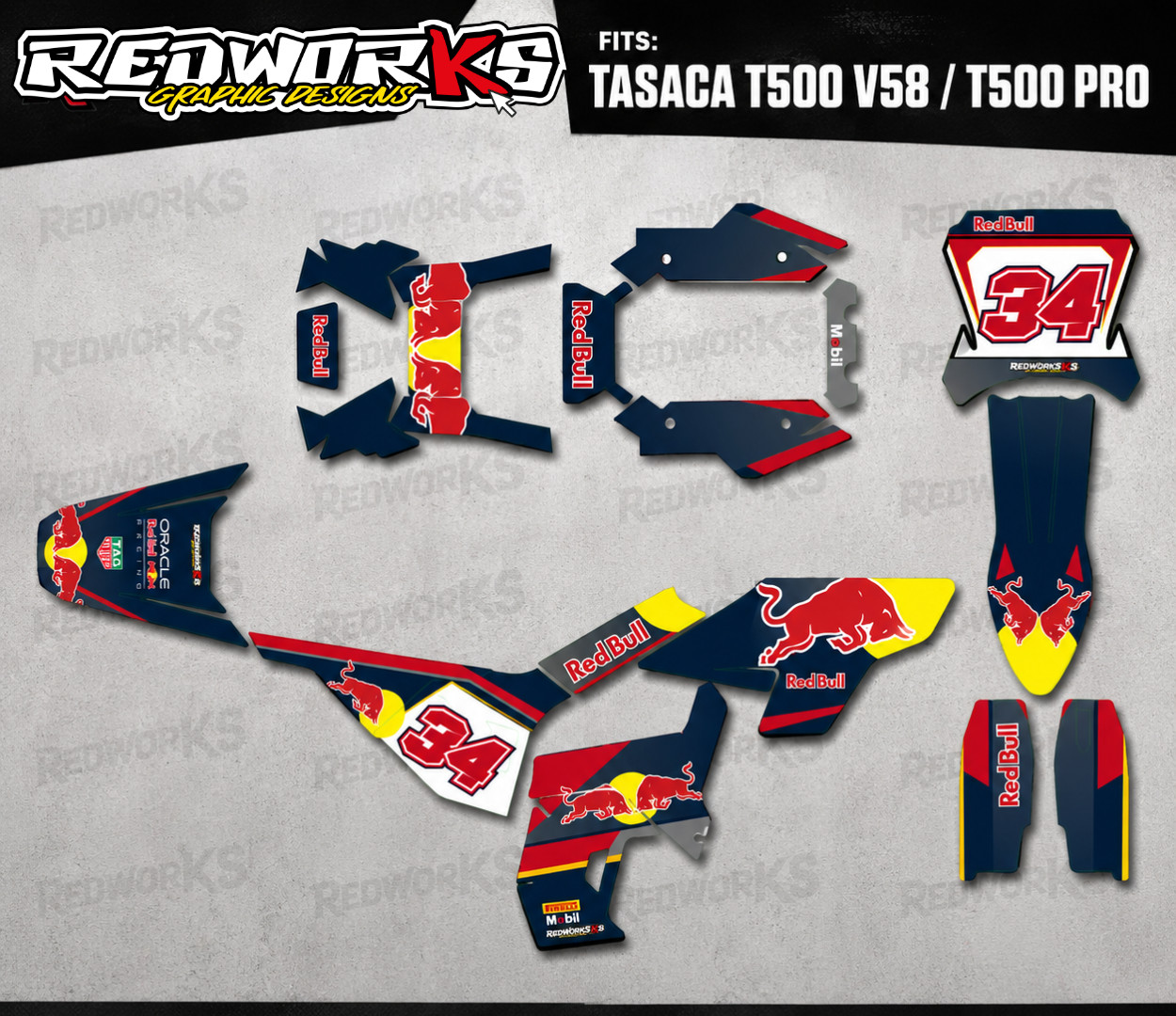Tasaca T500 V58 T500 Pro Red Bull Graphics Kit Custom Decals Stickers