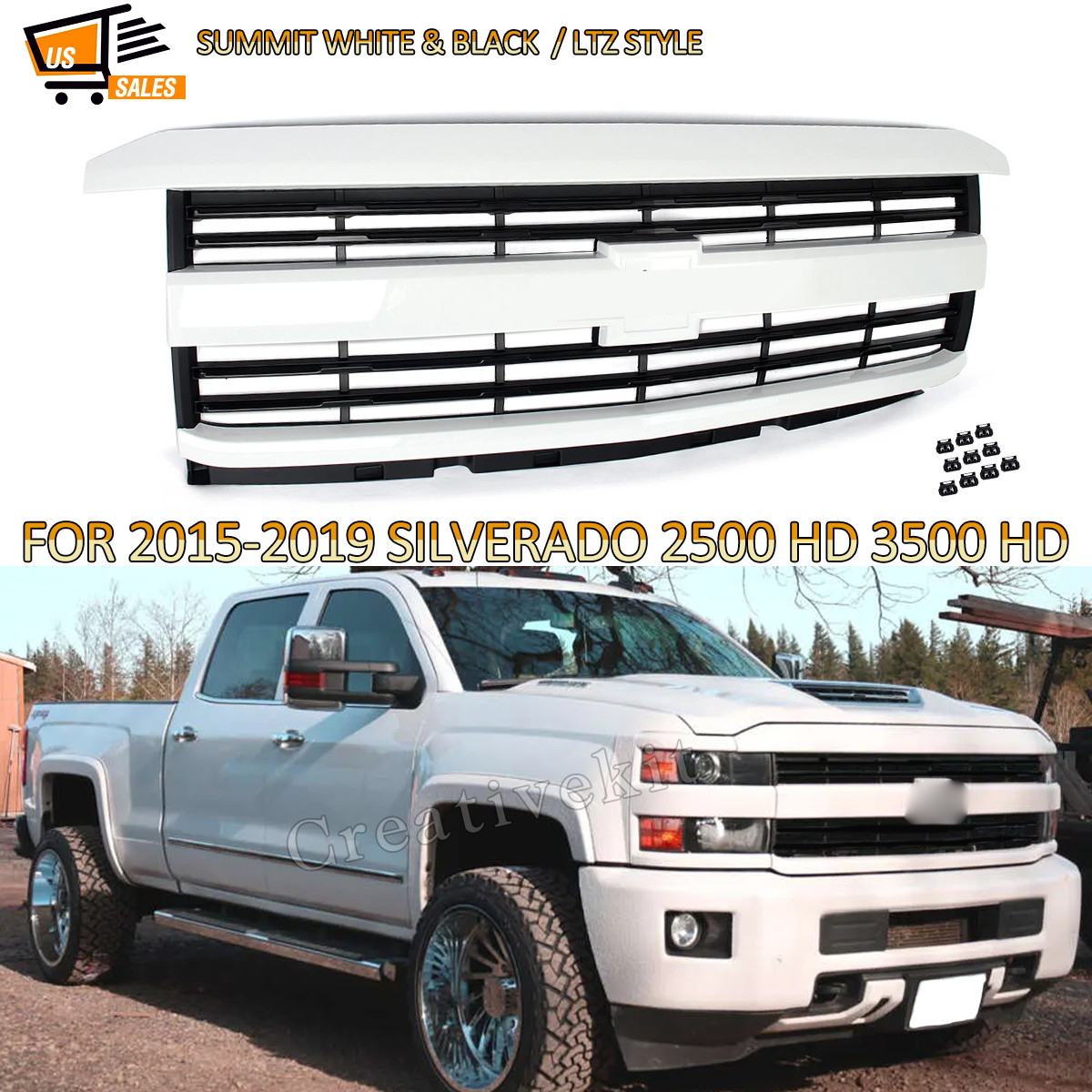 For 2015-2019 Chevy Silverado 2500 3500 HD Summit White & Black Grill LTZ Grille