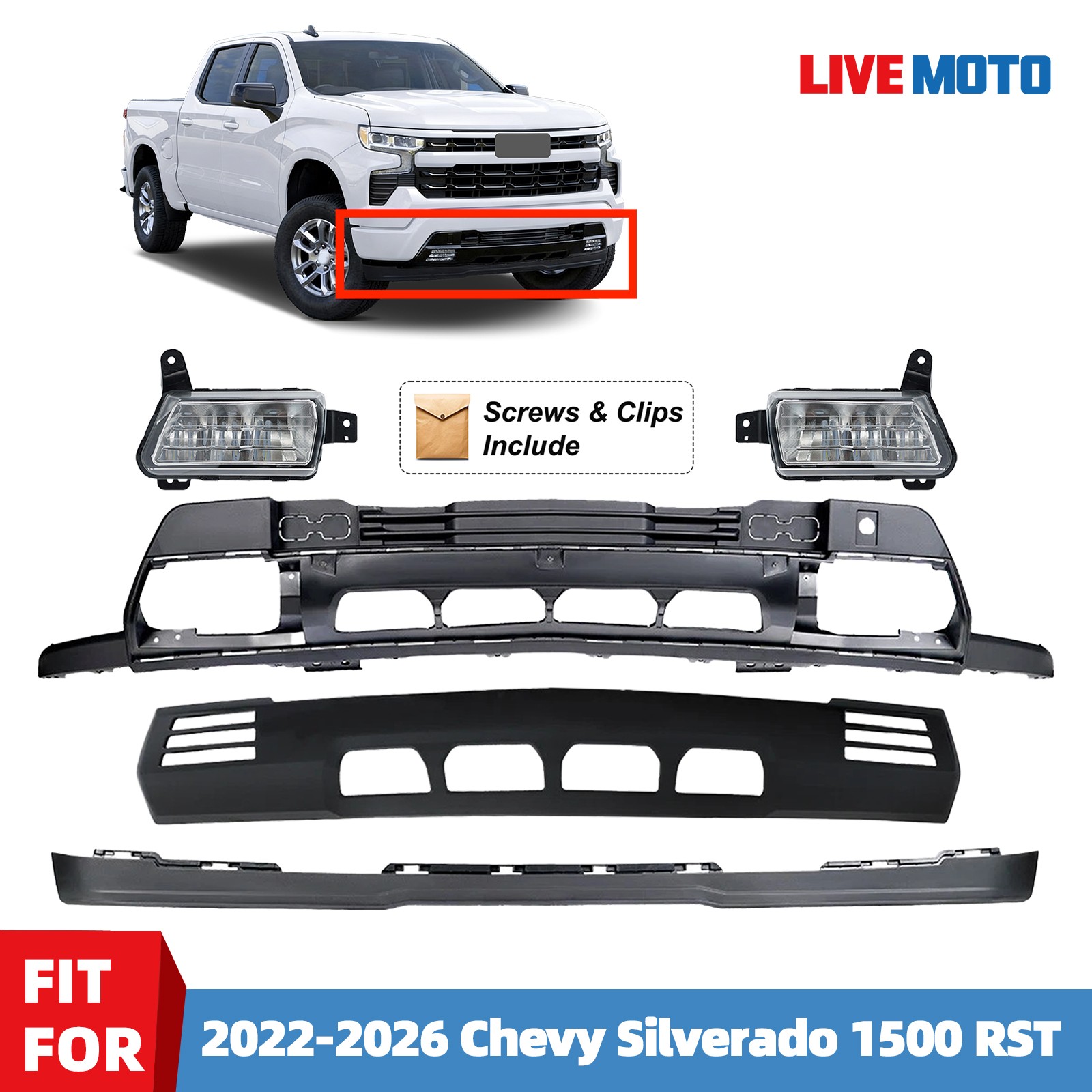 For 2022-2026 Chevy Silverado 1500 RST LT TRAILBOSS Front Lower Bumper Cover Kit