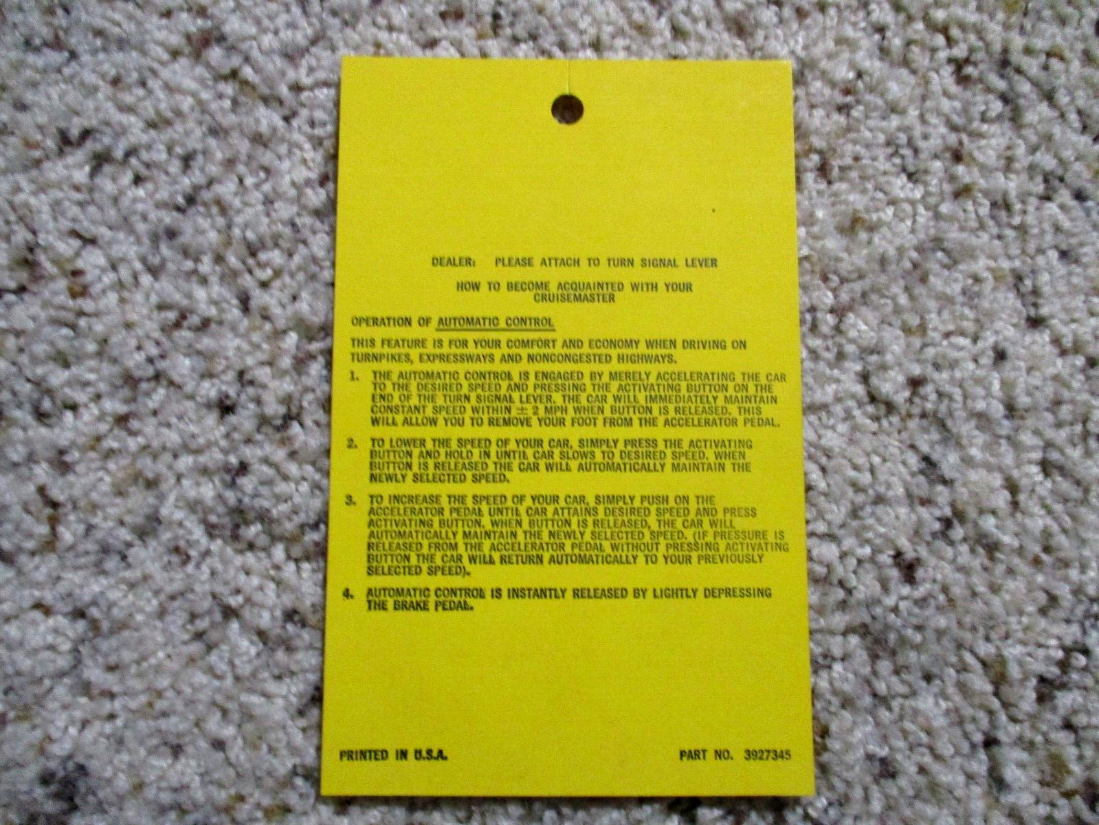 1976 Trans Am or Corvette Factory GM Original Cruise Control Hang Tag 3927345