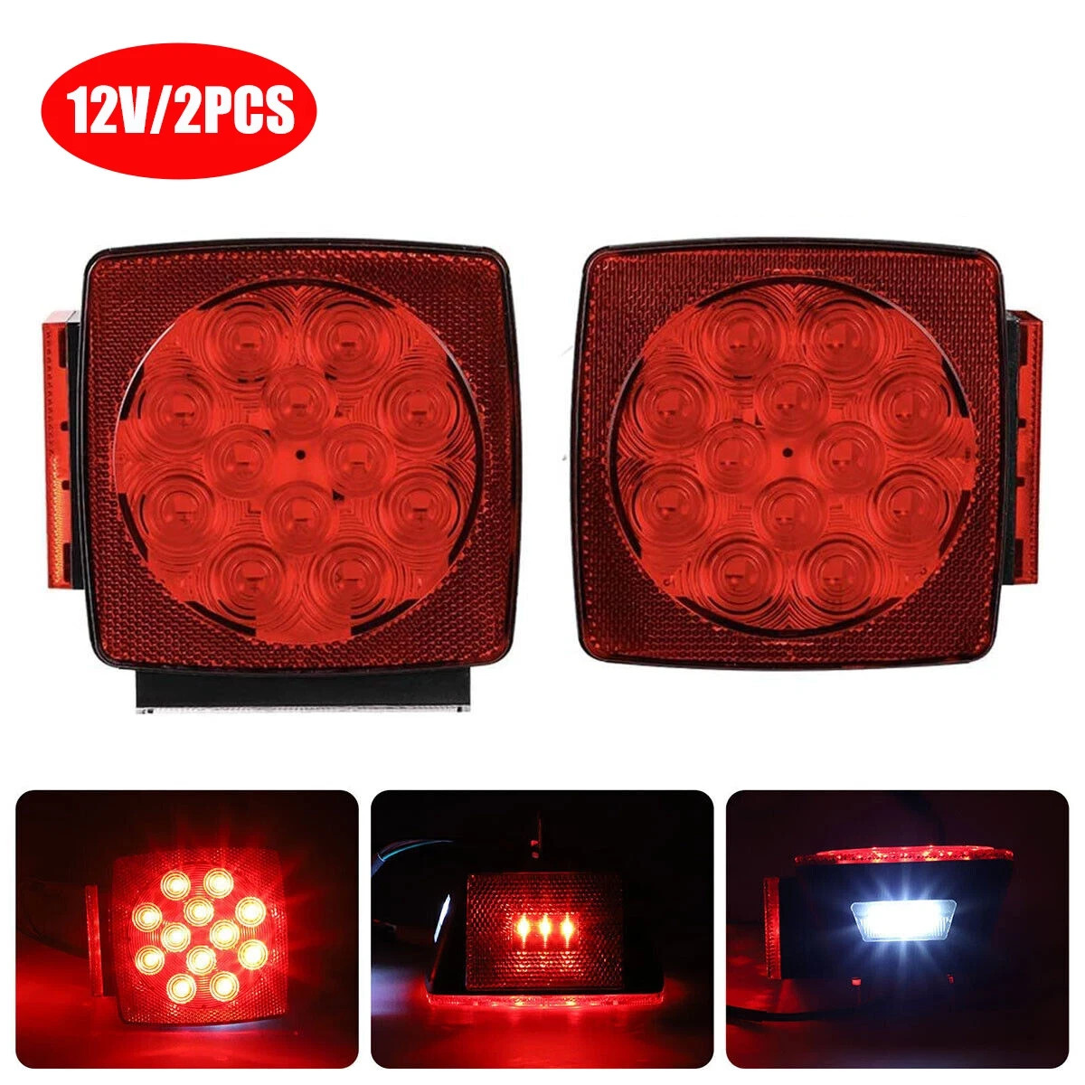2PCS Rear LED Submersible Square Trailer Tail Lights Kit Boat Truck Waterproof