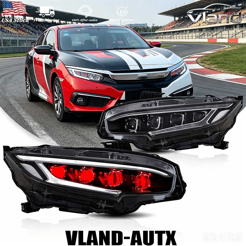 VLAND LED Projector Headlights For Honda Civic 2016-2021 W/Sequential Demon Eye