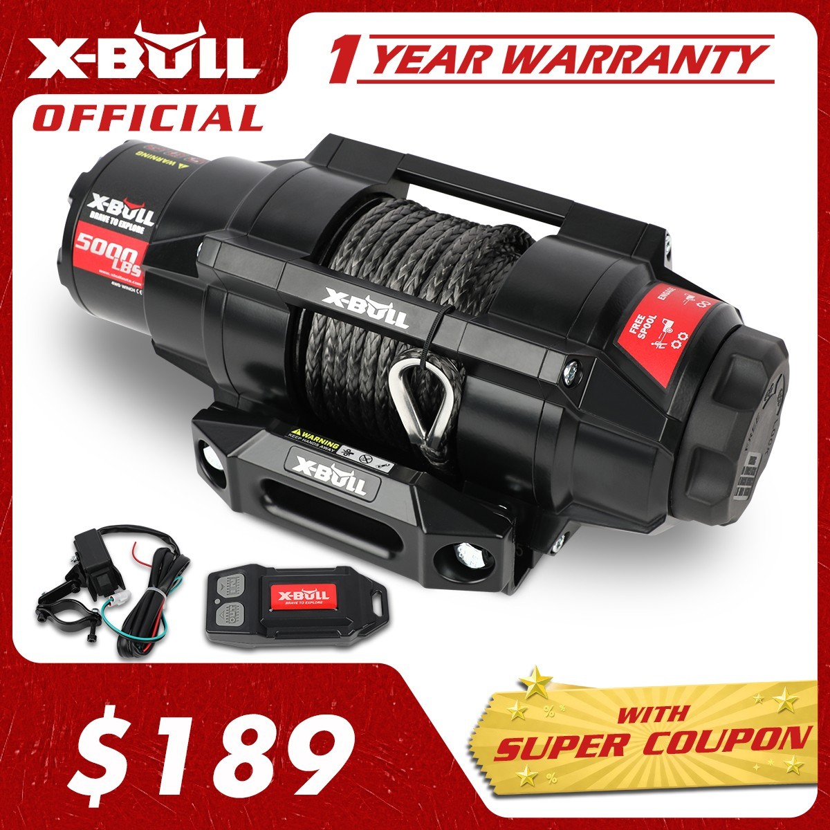 X-BULL 5000LB Electric 12V Winch Synthetic Rope Towing Trailer ATV UTV 4WD Winch