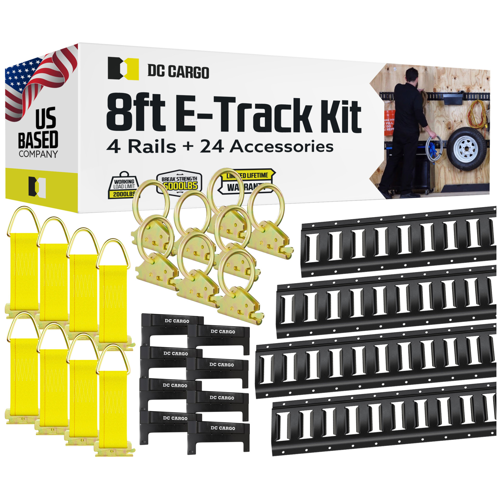 DC Cargo E Track Rails Tie-Down Kit 8\' Etrack Rail, E-track Rings, Anchors, Caps