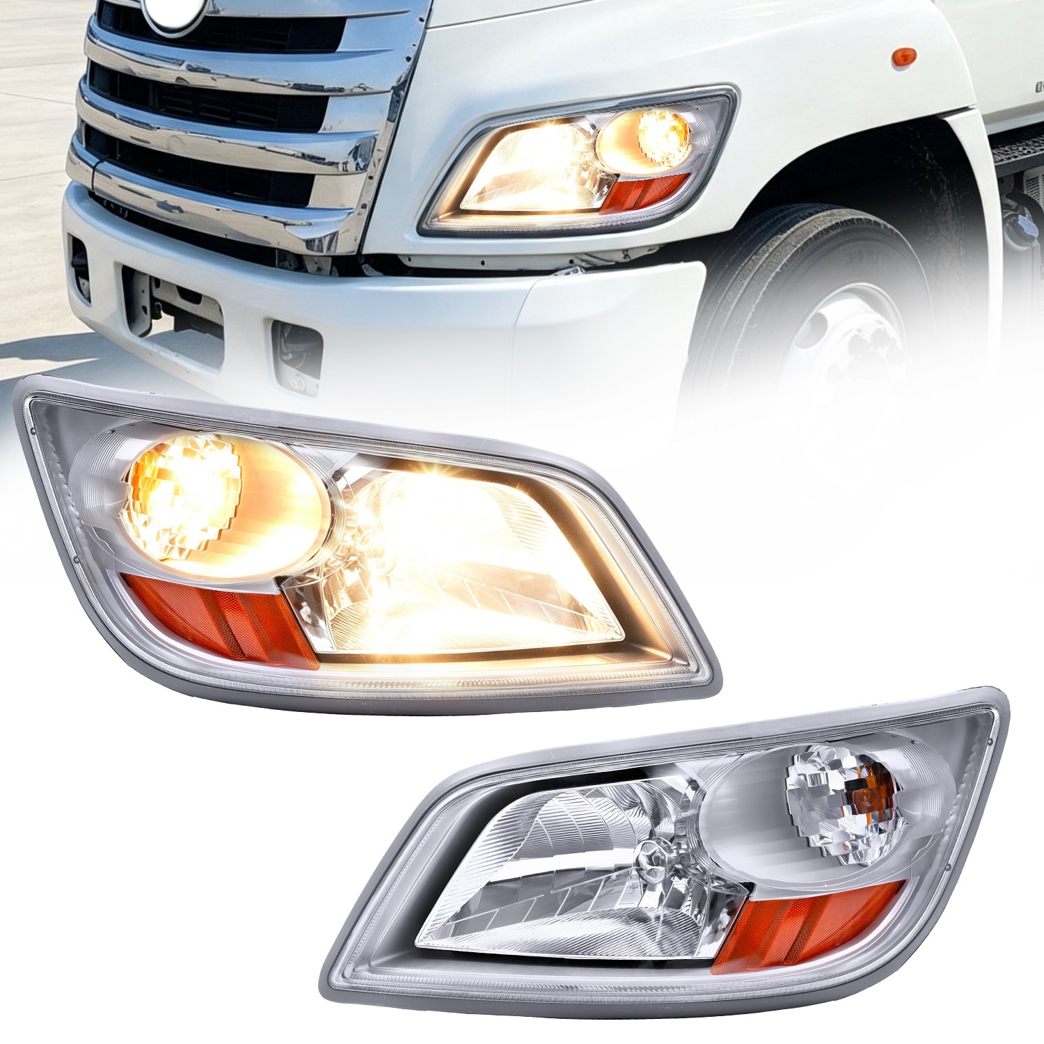 Headlight fits Hino 2006 - 2020 238 258 268 338 165 185 with Bulb Pair Chrome