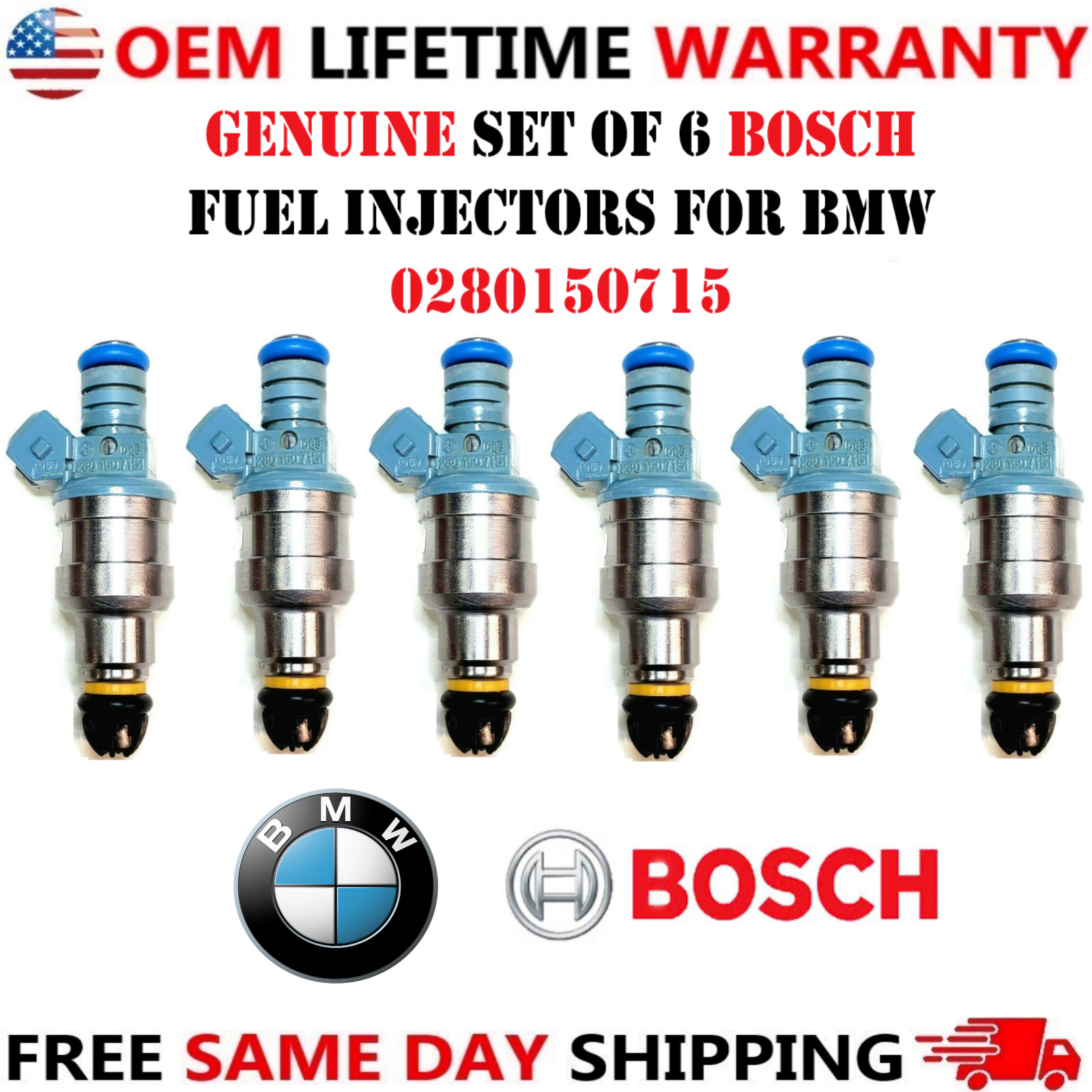 NEW OEM BOSCH x6 Fuel Injectors 1987-1997 BMW 2.5L I6 5.0L 5.4L 5.6L #0280150715