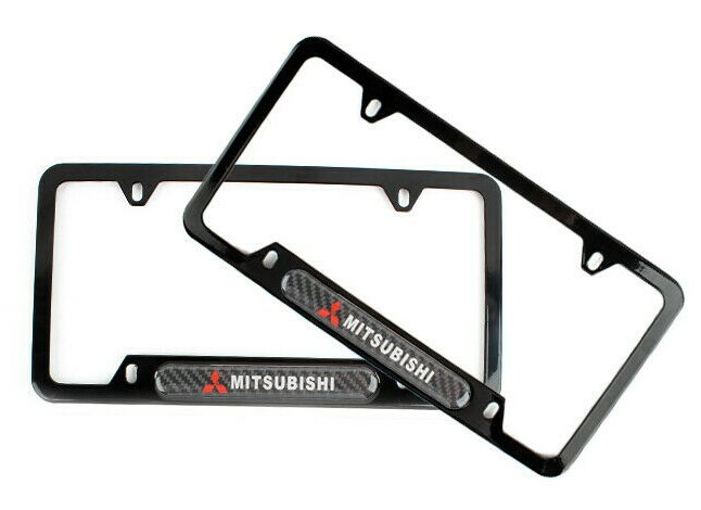 X2 JDM UNIVERSAL MITSUBISHI Black Metal License Plate Frame W/Carbon Emblem